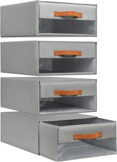 DIMJ Closet Organizers - Foldable Fabric Bins with Clear Windows | Stackable Storage Drawers, 4-Pack, Grey