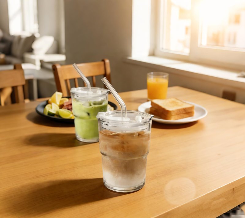 Icesip 15 oz Iced Coffee Cup Set of 6, Matcha Glass Tumbler with Straw and Lid Reusable Clear Thick Wall Matcha Cups for Tea Smoothie Tea Soda Juice Cup