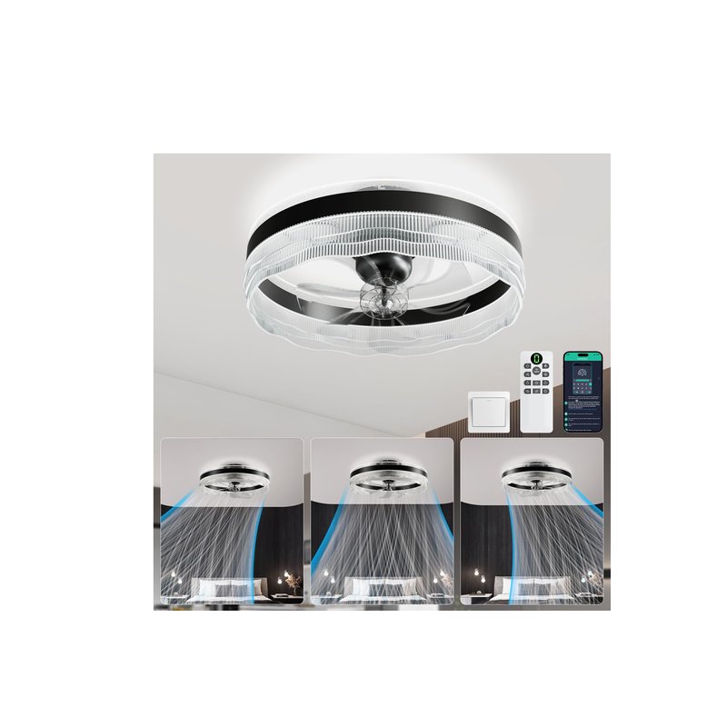 kejector Low Profile Ceiling Fan with Light,20 Inch Fandelier Ceiling Fans with Lights and Remote App Control,360°Oscillation Bladeless Flush Mount LED Fan Light for Bedroom Living Dining Room