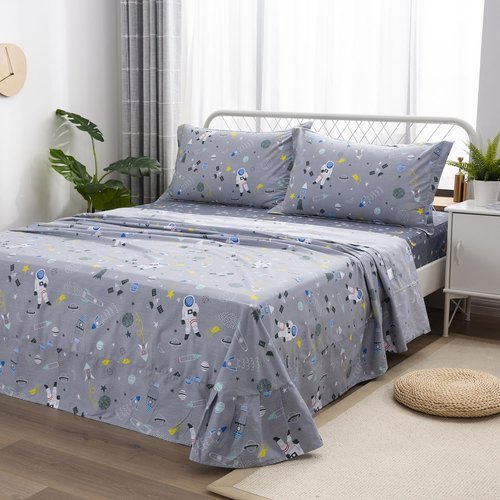 Brandream Kids Bedding Sets Full Size Astronaut Space Galaxy Boys Bed Sheet Set Deep Pockets Grey Bed Sheets Pillow Cases Set 100% Cotton 4-Piece