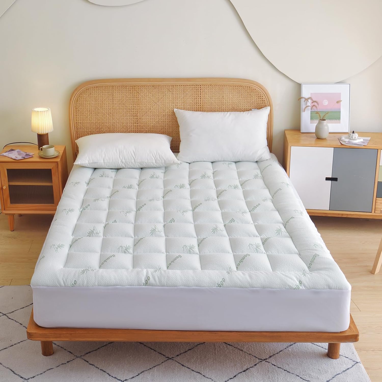 Skiennix Mattress Topper - Ultra Soft Bamboo Viscose Pad for Back Pain Relief | Queen Size, Deep Pocket 8-21 in