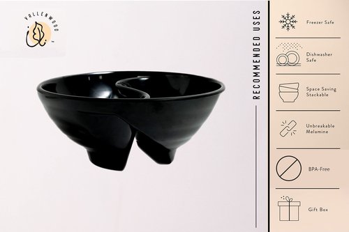 VALLENWOOD Never Soggy Cereal Bowl. Black x2. Divided. Cereal Bowl Separated. Unbreakable Melamine. Two sided bowl. Anti Soggy. Separate. Ideal for Snack And Salsa