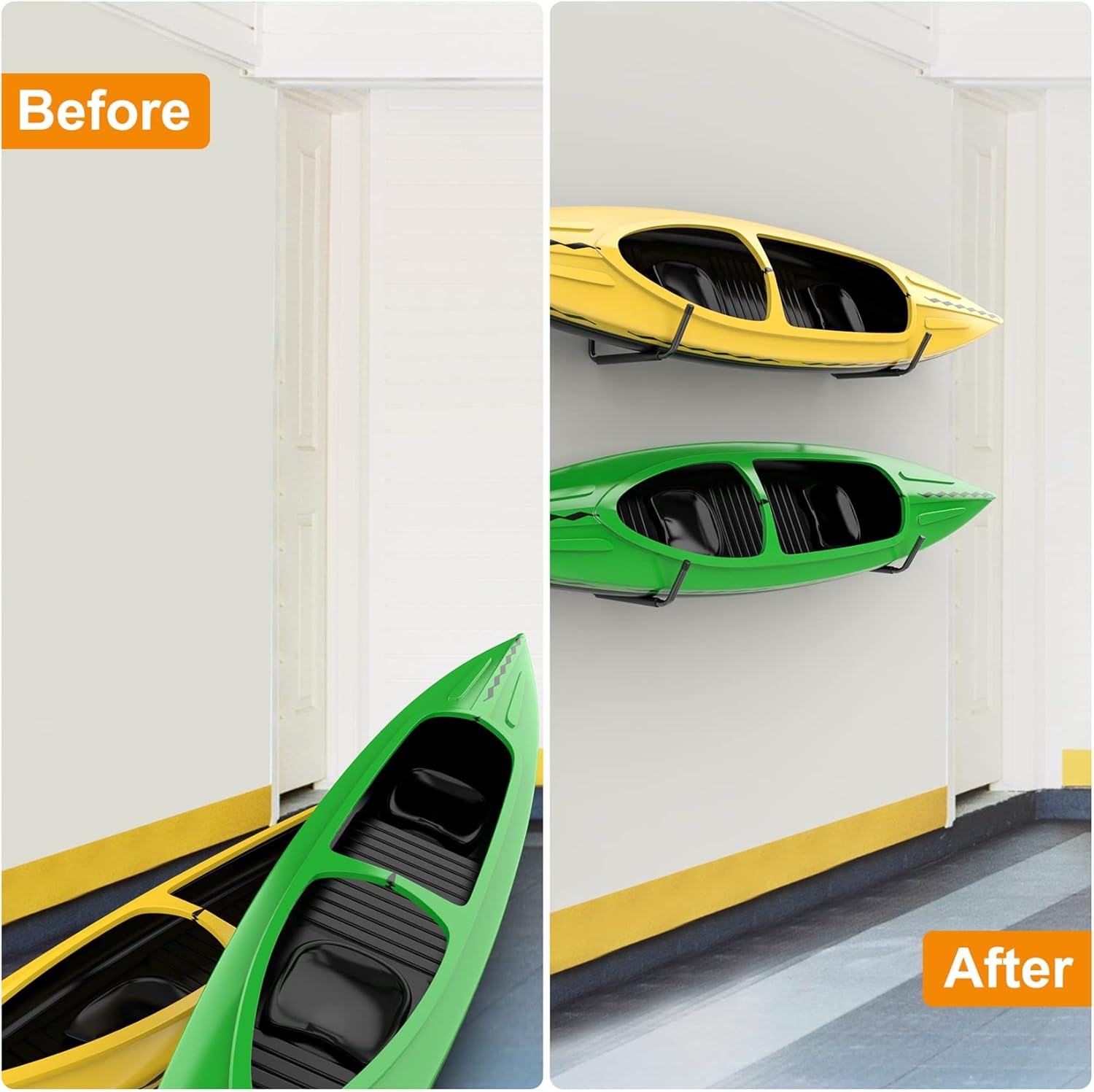 WALMANN Kayak Storage Rack - Wall Mount Hooks for Canoe, Surfboard, Ski, Snowboard & Paddle Board | Garage Utility Solution