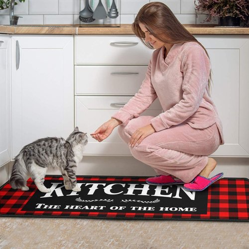 Haretu Framhouse Kitchen Rugs and Mats Set of 2, Black and Red Buffalo Plaid Non-Slip Floor Mat for Home Kitchen Christmas Decor - 17x29 and 17x47 Inch