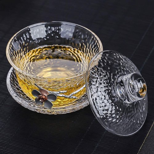 Eplze YBK Tech Crystal Gaiwan, Glass Kung Fu Tea Cup with Saucer and Lid, Chinese Traditional, Sancai Tea Bowl (Clear cup with plum flower)