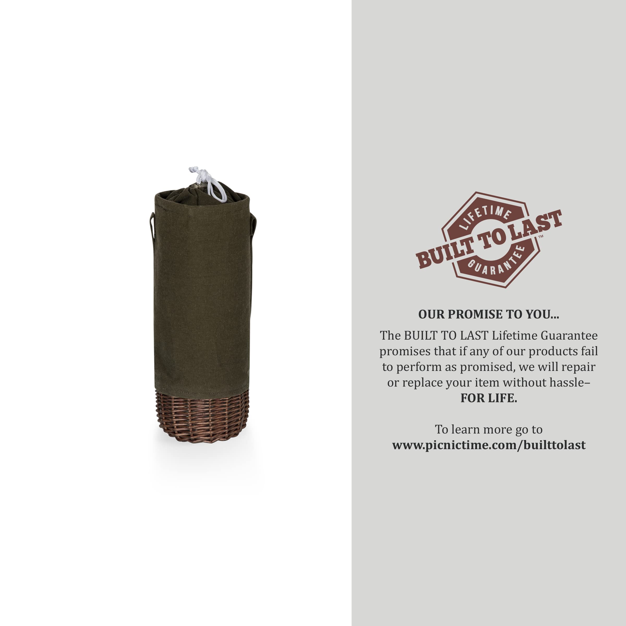 PICNIC TIME NCAA Malbec Insulated Canvas and Willow Wine Bottle Basket, Wine Tote, Wine Gift Bag, (Khaki Green with Beige Accents)