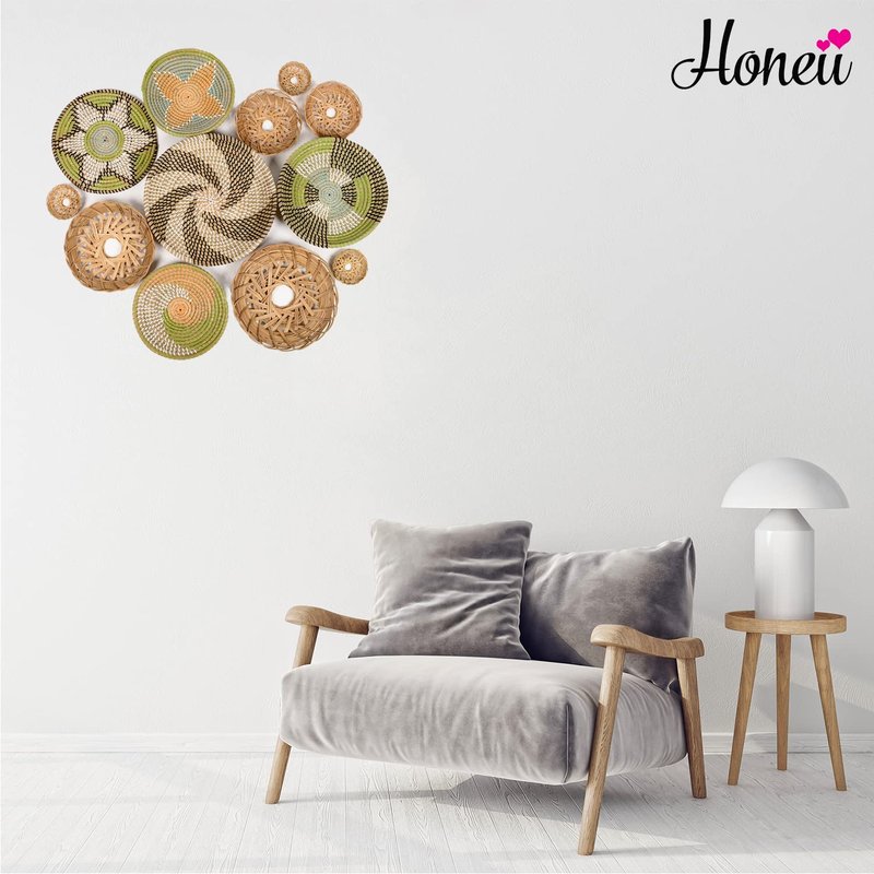 Boho Wall Baskets for Decor, Wicker Hanging Basket, Boho Wall Art, Woven Hanging Basket, Rattan Decor, Bohemian Decorative for Living Room Or Bedroom, Round Bamboo and Seagrass Plates 12 Pcs