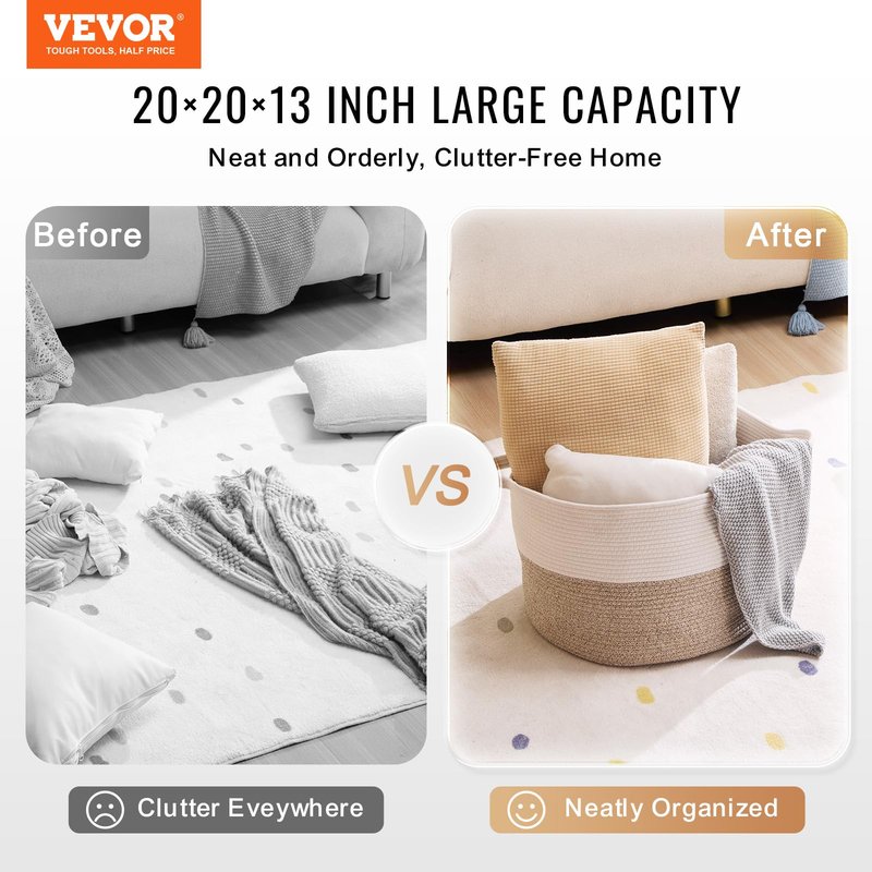 VEVOR Blanket Basket, 67L, Cotton Rope Basket, Woven Basket with Handles, 20" x 13" Round Laundry Hamper Basket Collapsible Extra Large Storage Basket Bins for Organizing Clothes Kids Toys Pillows