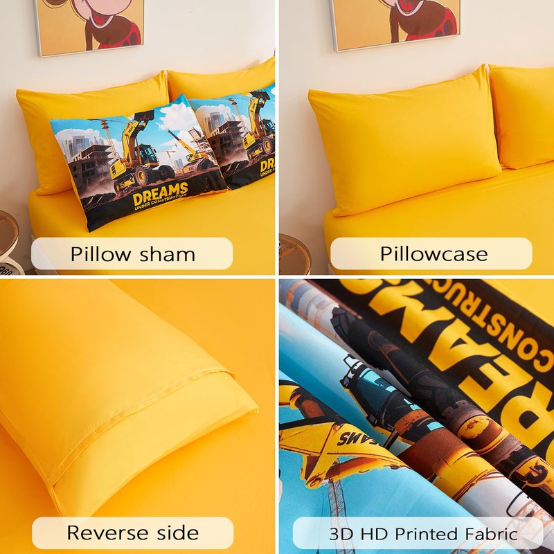 ZUEXVOFY Yellow Digger Twin Bedding Set for Boys – 5 Piece Comforter Bed Sheets Set, Kids’ Bedroom Decor, Teen Boy Room, Car and Excavator Theme, Kids’ Gift, Children’s Twin Bed in a Bag