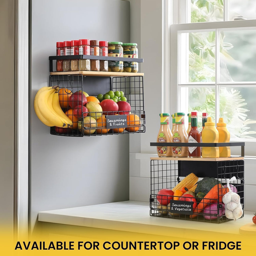 WIDER SHELF Magnetic Spice Rack - XXL Large Fridge Shelf Basket with Bamboo Top & Tag | Kitchen Organizer