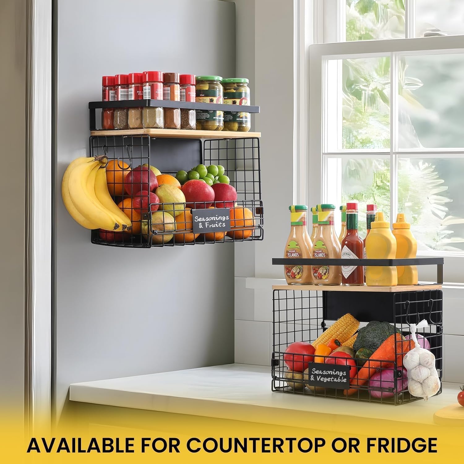 WIDER SHELF Magnetic Spice Rack - XXL Large Fridge Shelf Basket with Bamboo Top & Tag | Kitchen Organizer