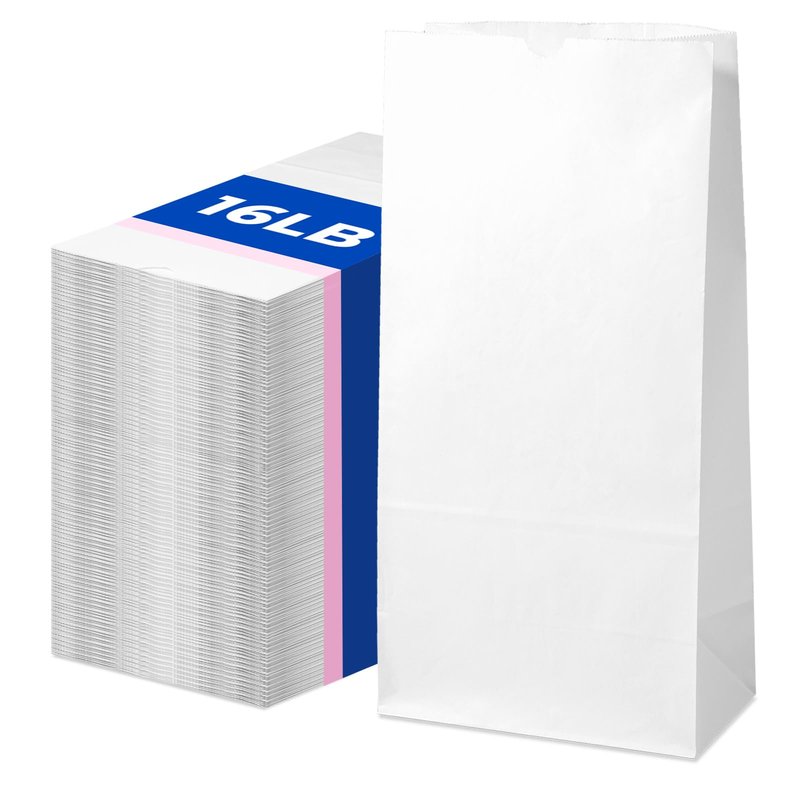 Fit Meal Prep 200 Pack 16 lb White Paper Lunch Bags, 16.3 x 7.8 x 4.5" Premium White Paper Bags Bulk for Small Business, Recyclable Snack Sacks, Durable Grocery Bag for Food Storage