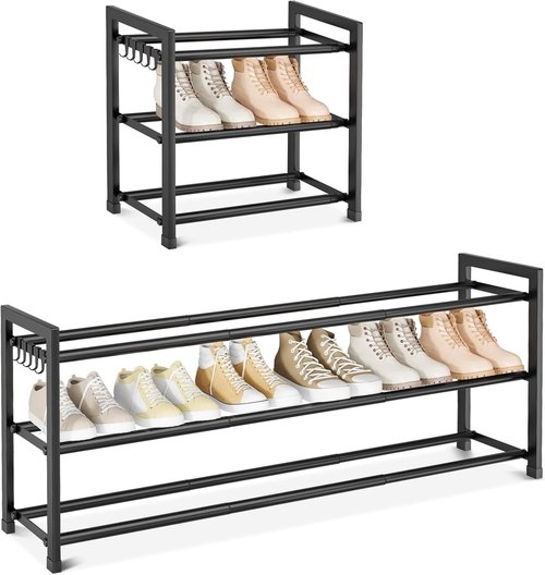 Expandable Shoe Rack by [Brand Name] - Adjustable 3-Tier Shoe Organizer for 18 Pairs | Sturdy Metal Storage in Black