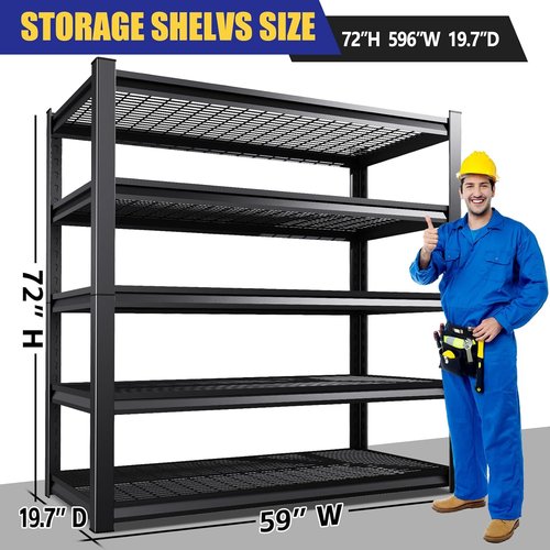 Garage Shelving | Heavy-Duty 5-Tier Metal Storage Unit - Adjustable 3500 lbs Capacity, 72"x59"x20", Black