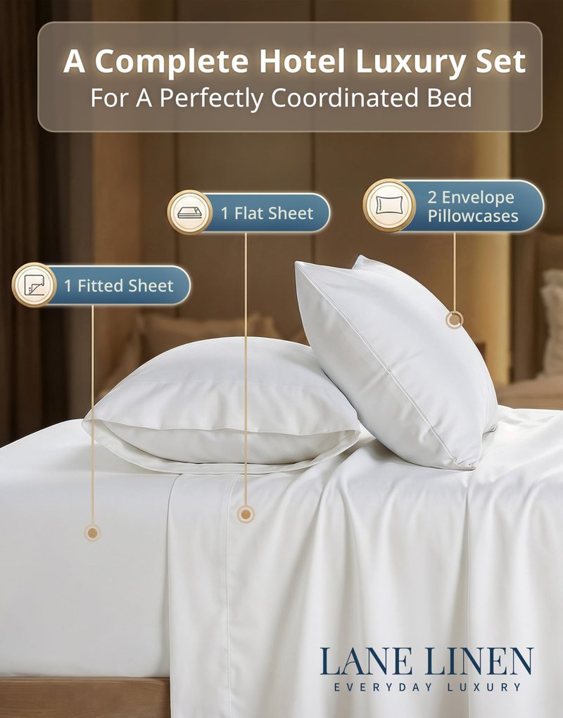 Lane Linen White Queen Sheet Set - 100% Cotton Striped Sheets for Queen Size Bed, Satin Soft Luxury Striped Sheets Queen Size, Deep Pocket Fitted Sheets - 4 PC Bedding Sheets & Pillowcases Set - White