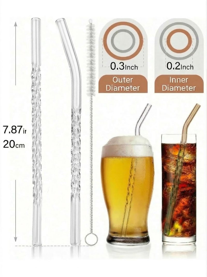 YUTRENN Reusable Glass Straws Transparent Twisted Shape 4 Bent Straws 4 Straight Straws 2 Cleaning Brushes, 8"x 0.3" Thick Clear Glass Drinking Straw for Tumblers Gift Wrap Dishwasher Safe