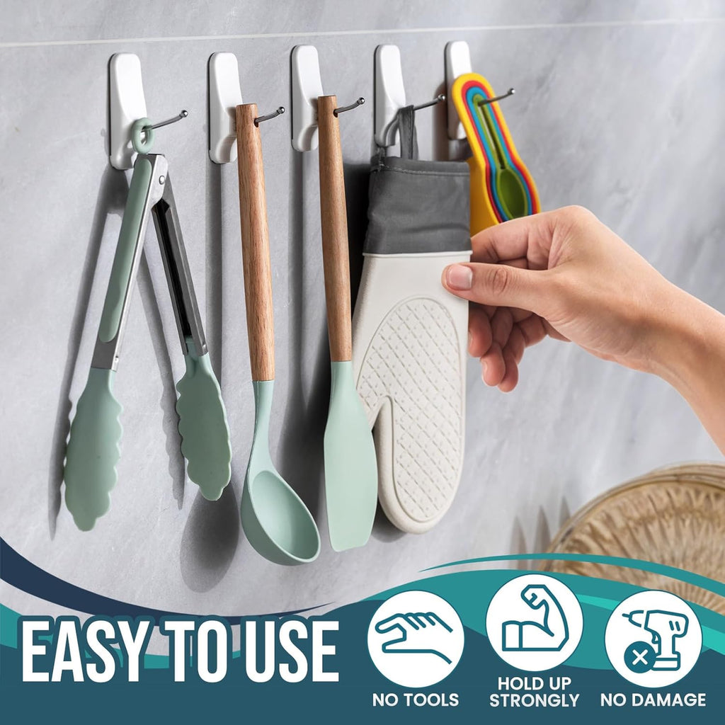 TAILI Heavy-Duty Hooks for Hanging | 6 Wire Sticky Hooks with 8 Adhesive Strips | Removable & Reusable, White
