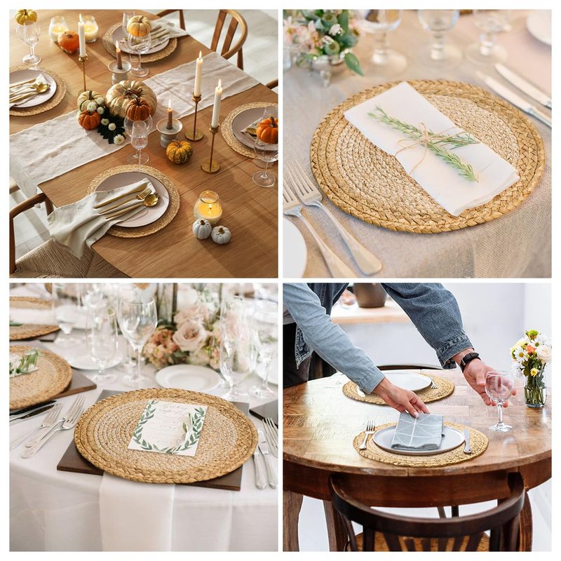 13.8 in Round Boho Placemats Table Mats Set of 8, Farmhouse Rustic Woven Plate Charger for Dinner Plates, Rattan Jute Wicker Braided Place Mats Chargers for Dining Table Decor