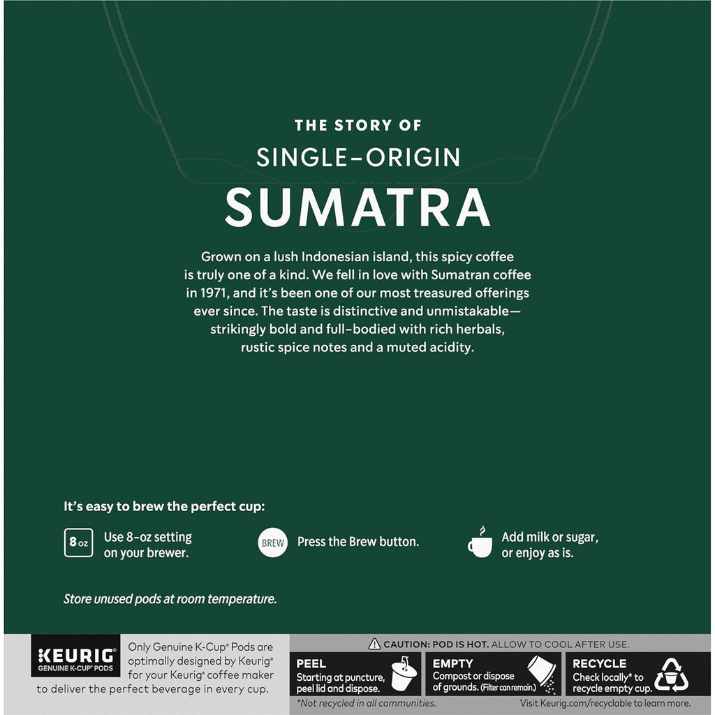 Starbucks K-Cup Pods - Sumatra Dark Roast Coffee - Single-Origin, 32 Count (Pack of 4)