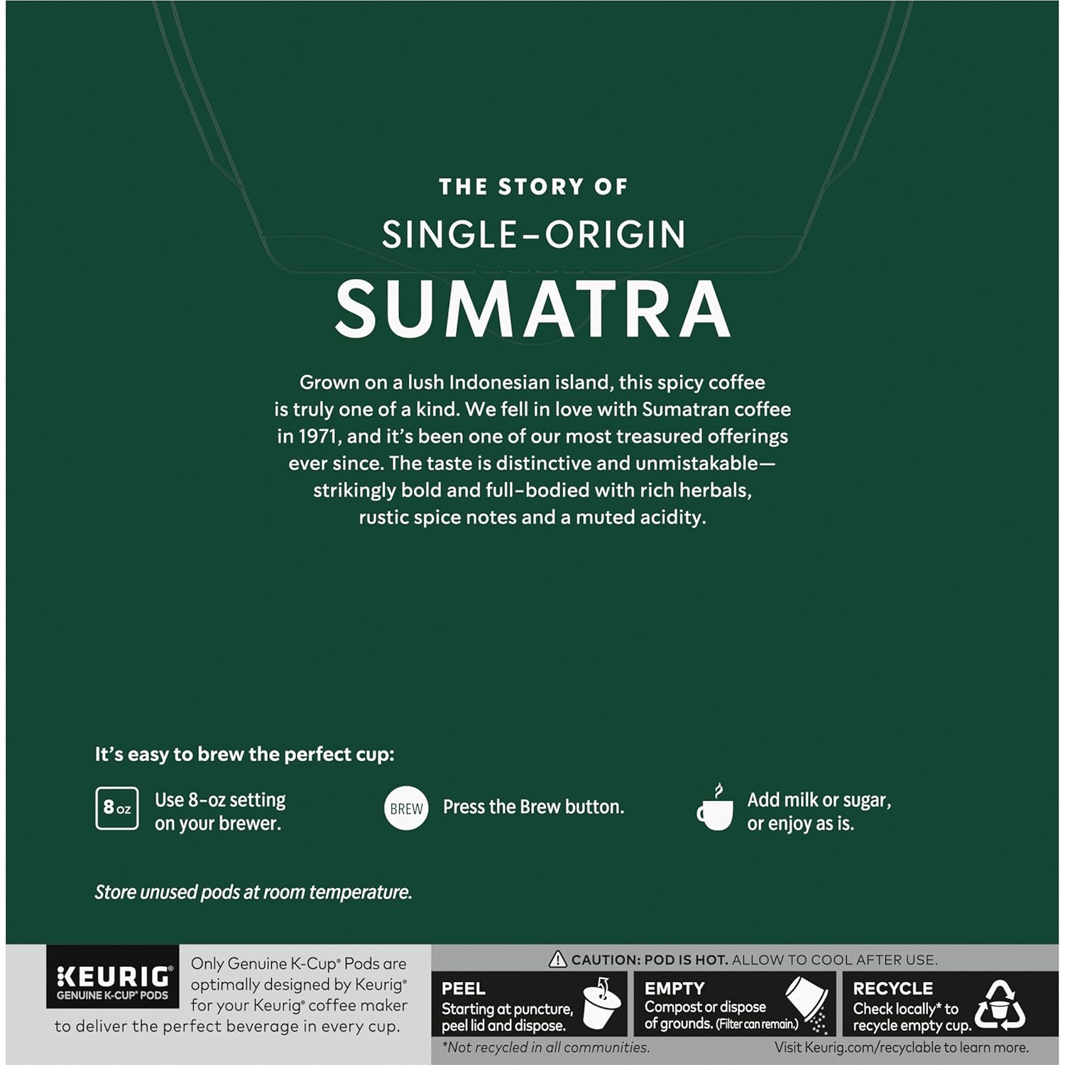 Starbucks K-Cup Pods - Sumatra Dark Roast Coffee - Single-Origin, 32 Count (Pack of 4)