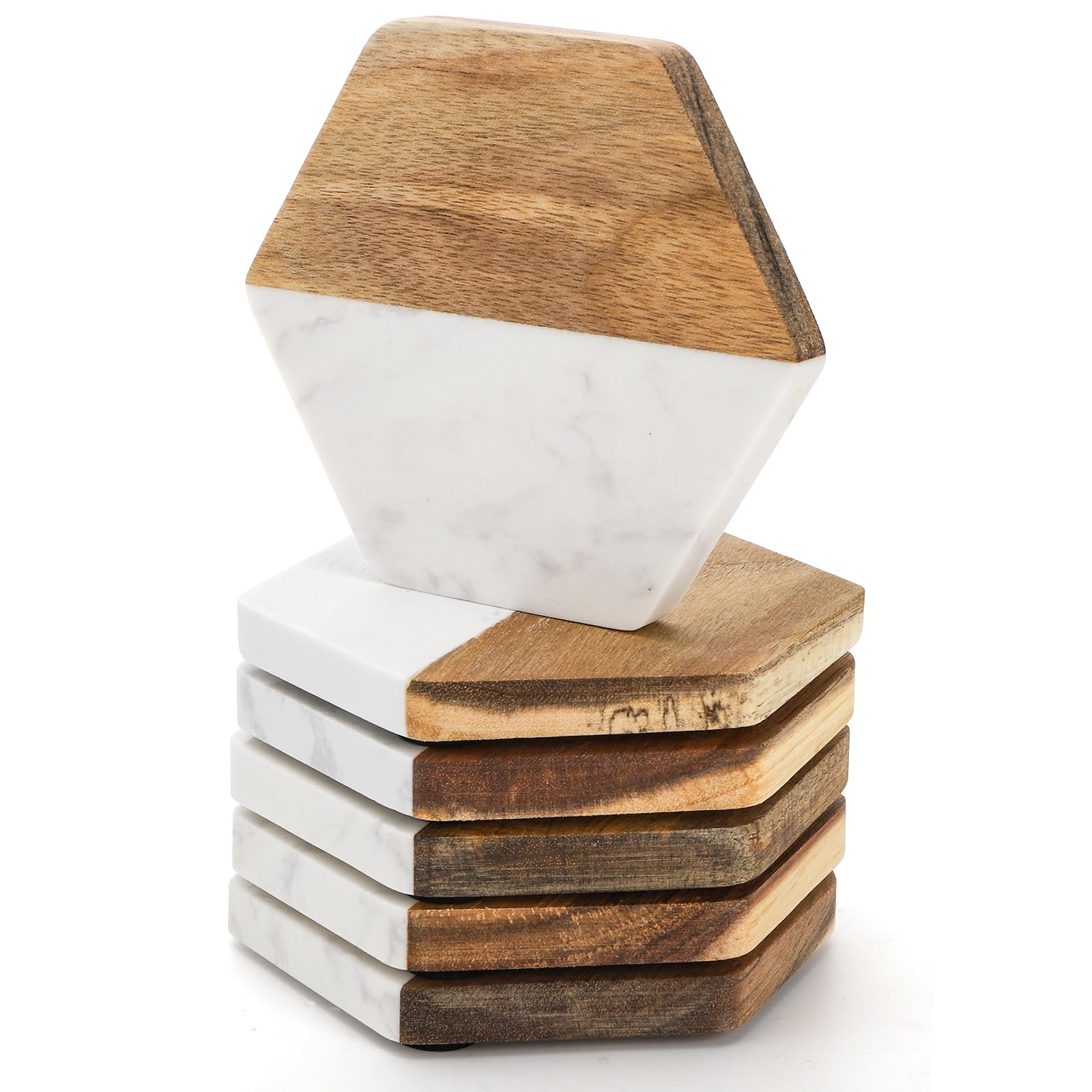 ZENFUN Set of 6 Marble Wood Coaster, Hexagon Geometric Coasters, Handcrafted Marble Coasters Set for Your Drinks and Beverages, Tea, Coffee, Wine/Bar Glasses, Tabletop Protection Helper