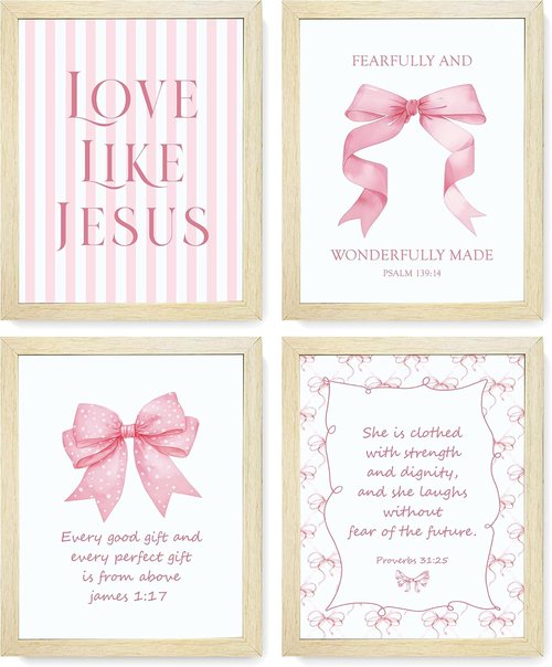 LARTSFRO Coquette Pink Bow Wall Art Decor - Inspirational Bible Verses | Set of 4, 10x8 Inch for Teen Girls