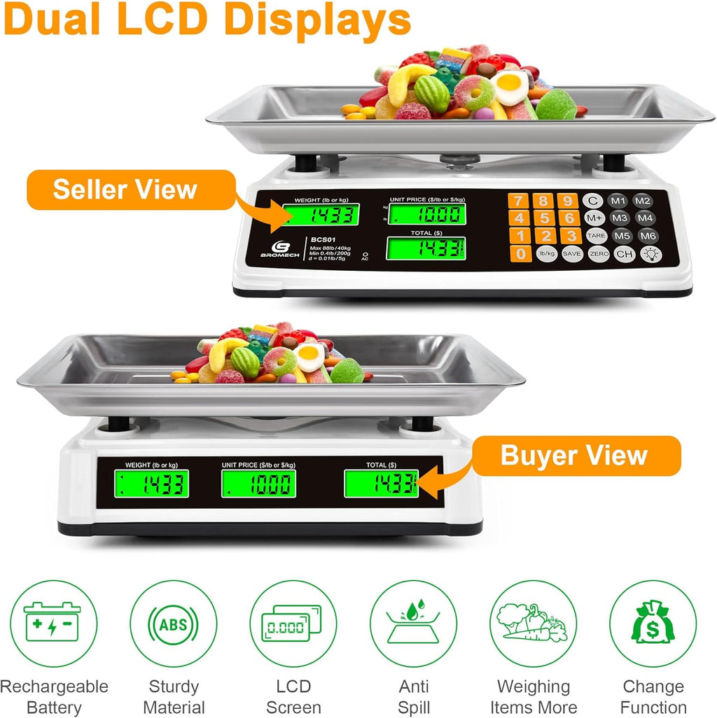 Price Computing Scale - 88lb/40kg Commercial Food Scale with Stainless Steel Platform & LCD Display