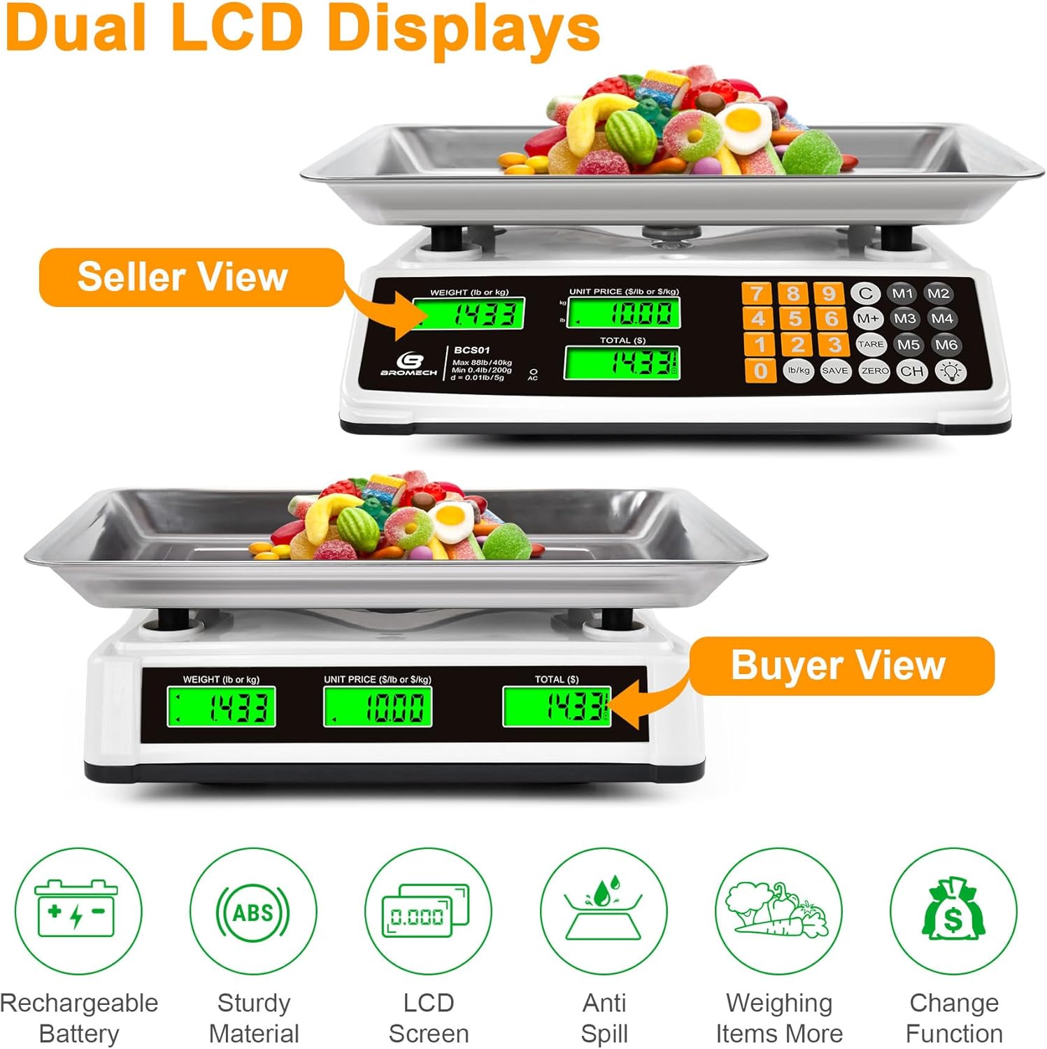 Price Computing Scale - 88lb/40kg Commercial Food Scale with Stainless Steel Platform & LCD Display