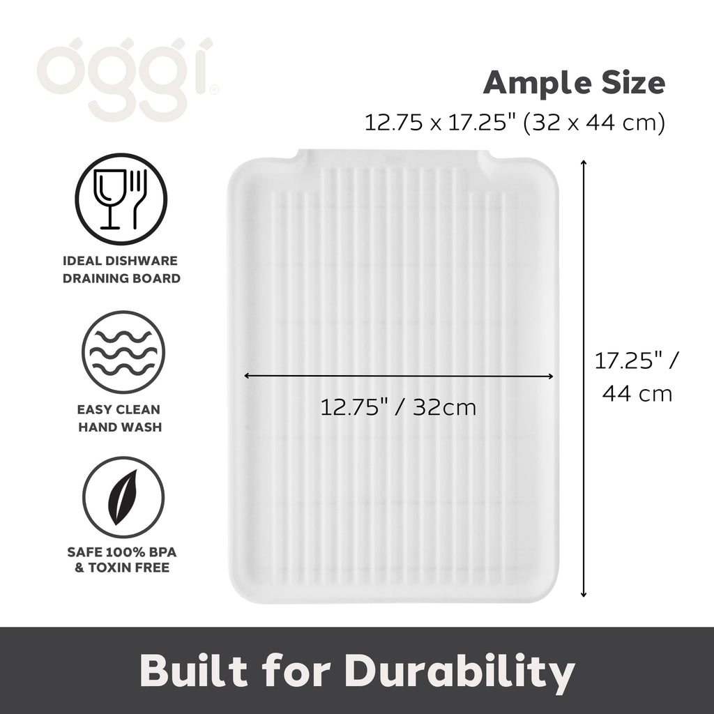 Oggi Dish Drain Board and Drying Rack Tray for Kitchen Counter, Plastic Drainboard with Raised Ridges, 12.75 x 17.25 inches - White