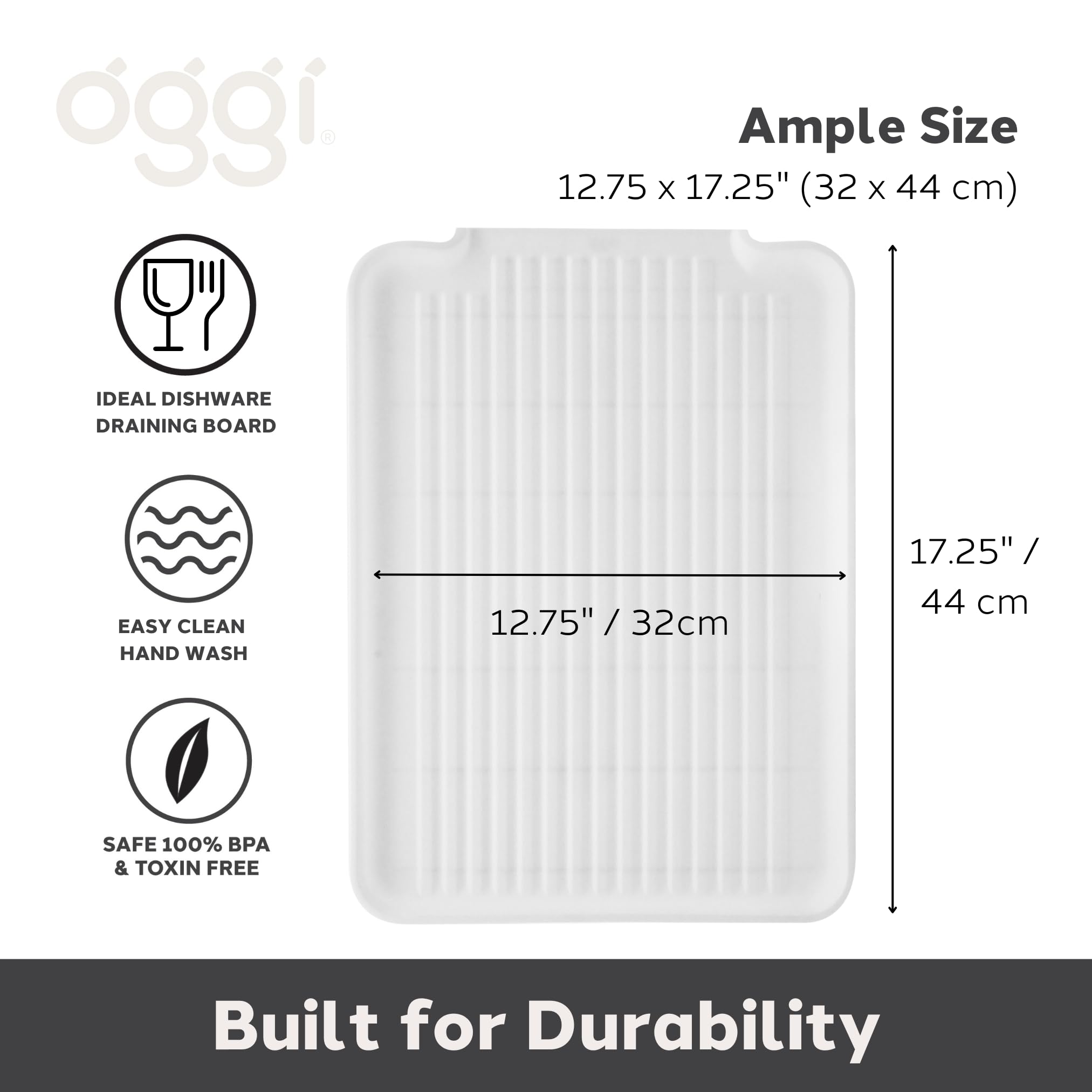 Oggi Dish Drain Board and Drying Rack Tray for Kitchen Counter, Plastic Drainboard with Raised Ridges, 12.75 x 17.25 inches - White