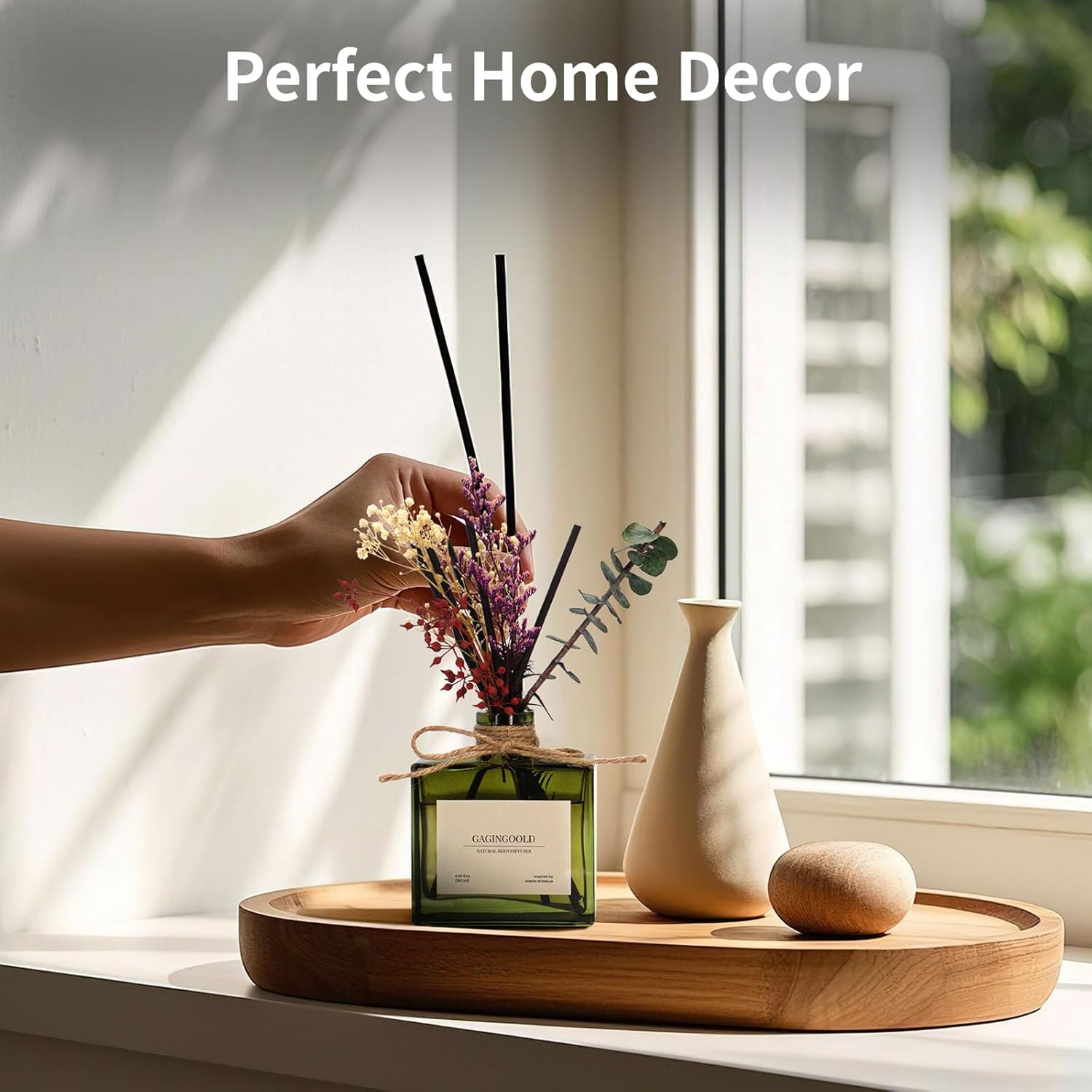 Reed | Earthy Sandalwood Scented Diffuser - 6.09 oz Long-Lasting Home Fragrance with Sticks & Dried Flowers