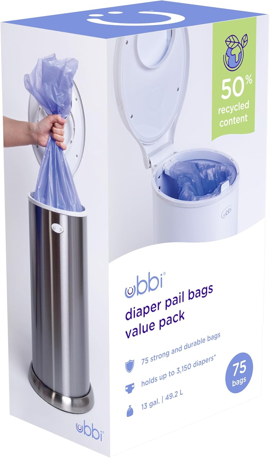 Ubbi Diaper Pail Bags - Disposable Baby Waste Bags, 75 Count, 13-Gallon Size | 3 Pack