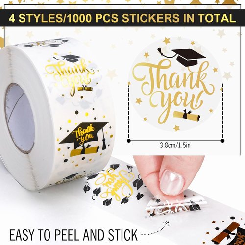 FYSUIMU Graduation Stickers Roll - 1000Pcs Gold Foil Thank You Labels | Self-Adhesive Grad Cap Designs