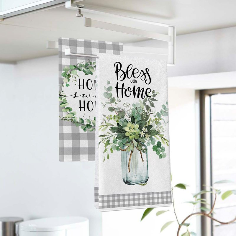 Seliem Sweet Home Spring Summer Kitchen Dish Towels Set of 2, Eucalyptus Leaves Mason Jar Hand Towels Drying Baking Cooking Cloth, Grey Plaid Farmhouse Bless Our Home Kitchen Decor 18x26 Inch