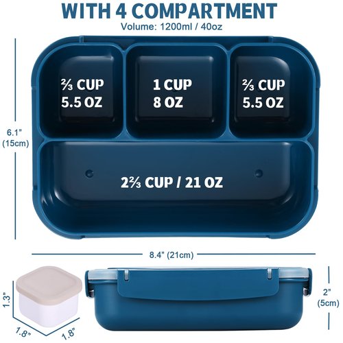 shell and turtle Bento Box Adult Lunch Box, Kids Lunch Containers for School with 4 Compartments, with Utensils, Sauce Jar, Muffin Liners, Microwave Safe, Navy