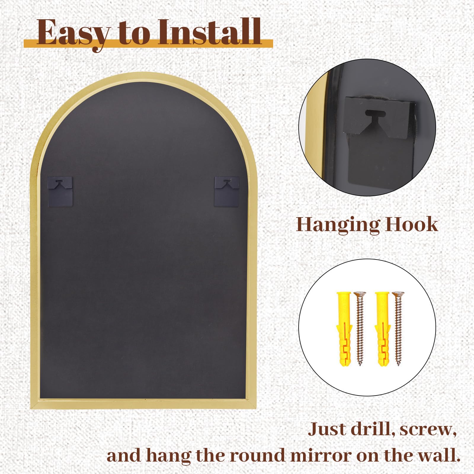 Riskioir 20" x 30" Luxury Arched Bathroom Mirror - Arch Wall Mirror with Shatterproof Tempered Glass and Metal Deep Frame, Hanging or Leaning for Living Room, Dresser, Entrance and Hallway, Gold