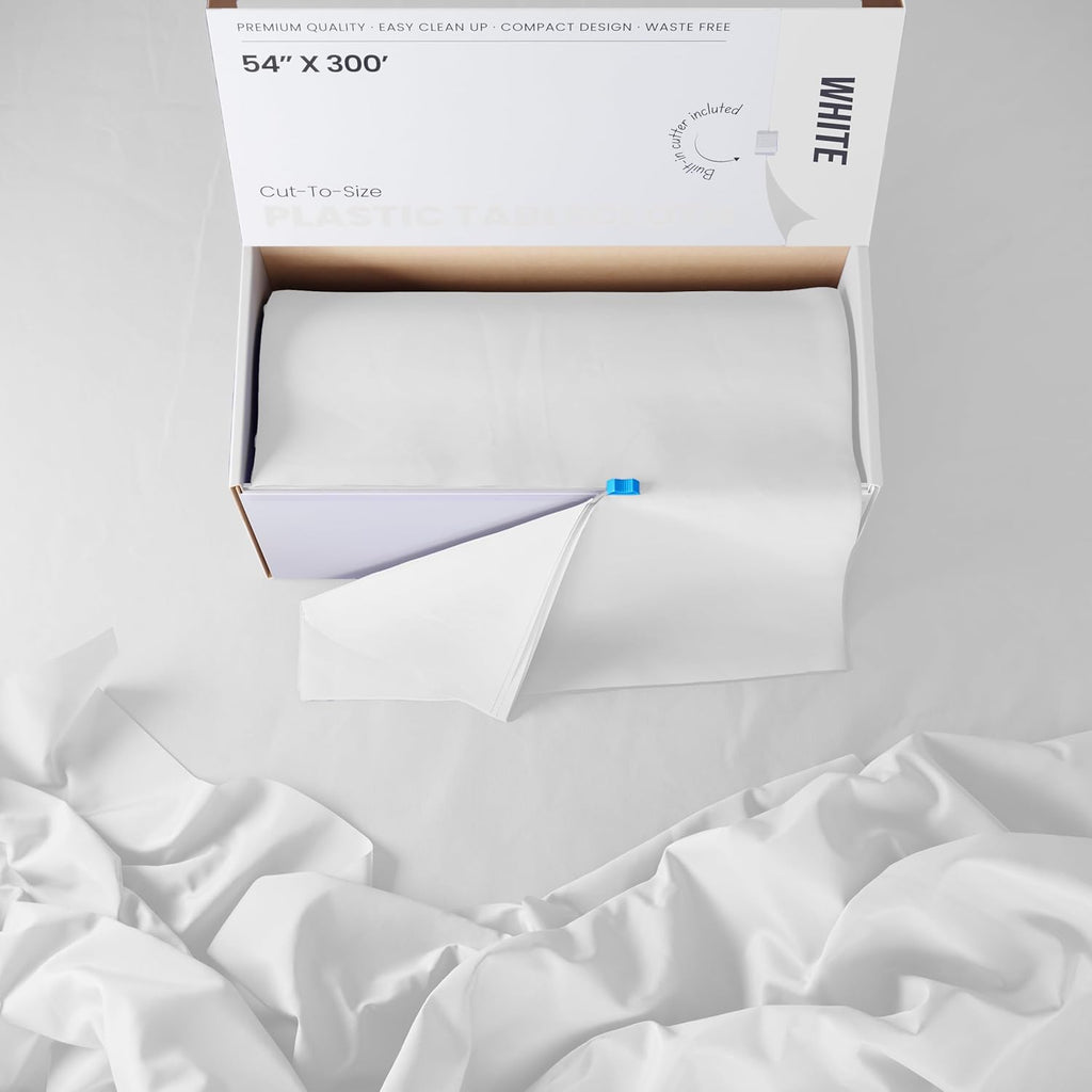 Party Solids | 54-Inch x 300 Feet White Plastic Table Cover Roll - Convenient Cut-to-Size Box with Slide Cutter