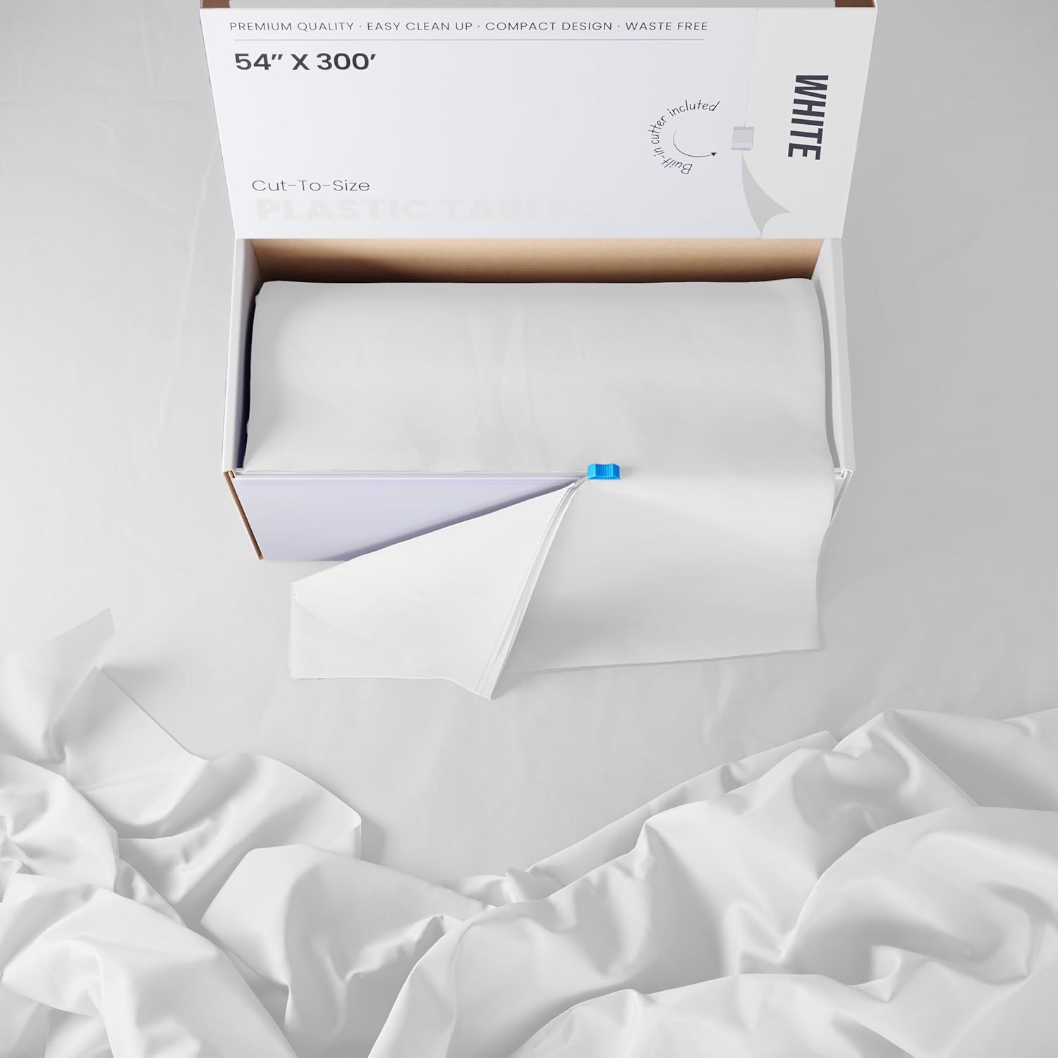Party Solids | 54-Inch x 300 Feet White Plastic Table Cover Roll - Convenient Cut-to-Size Box with Slide Cutter