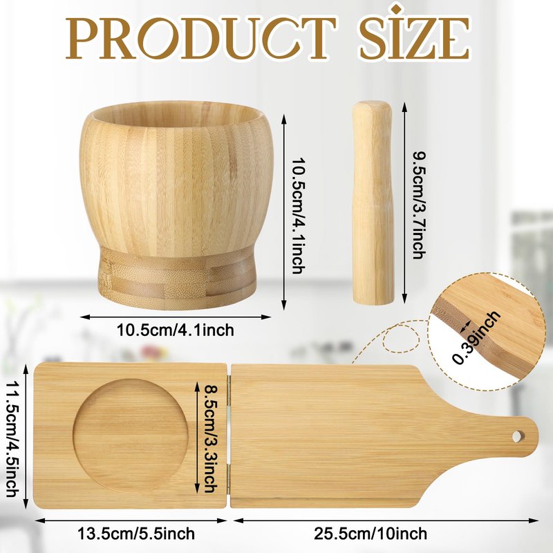 Lineshading 2 Kitchen Tools, Jumbo Bamboo Mortar and Pestle Set Wood Tostonera Tostones Plantain Press Natural Plantain Smasher Guacamole Bowl Fried Banana Pepper Press Mincer Grinder Chopper Crusher