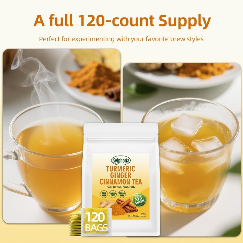 120 Bags Premium Turmeric Ginger Cinnamon Tea Bags, Premium Natural Ingredients, Turmeric Ginger Herbal Blend with Cinnamon, No Sugar, Caffeine-Free，Turmeric Ginger Cinnamon Tea（1Pack/120Bags）
