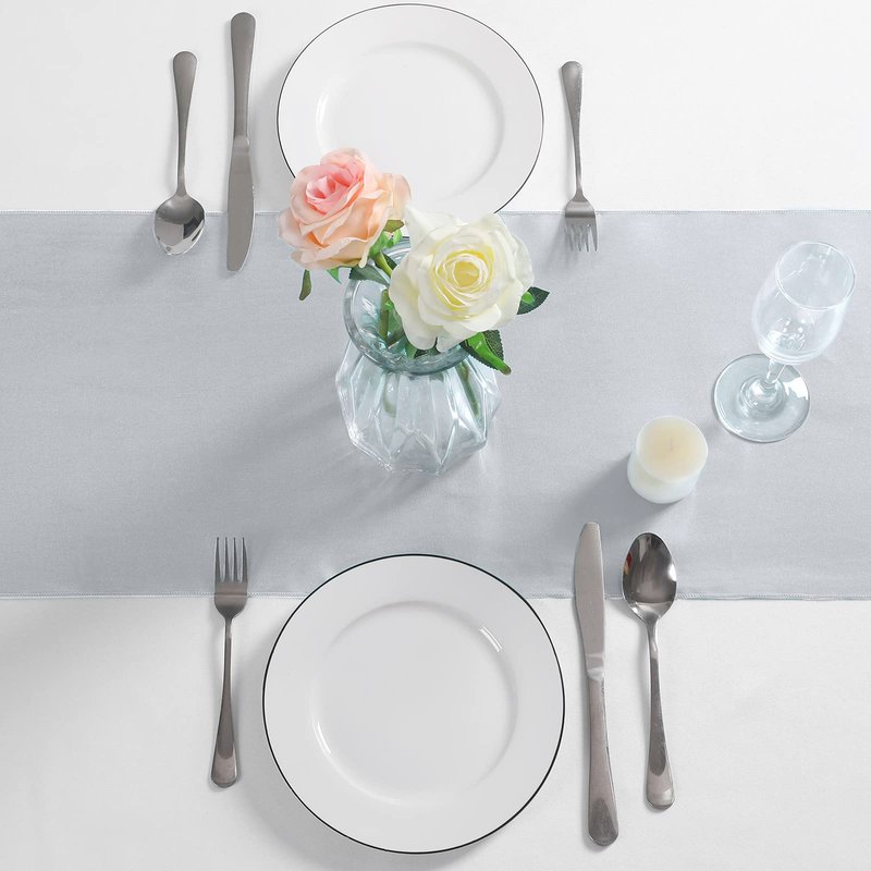 Manyshofu 12Pcs Satin Silver Table Runner - 12 x 108 Inch Long Size, Party Table Runner Decor Bright & Smooth Wedding Decorations Runners for Banquet Chef Birthday Buffet Dinner Graduations