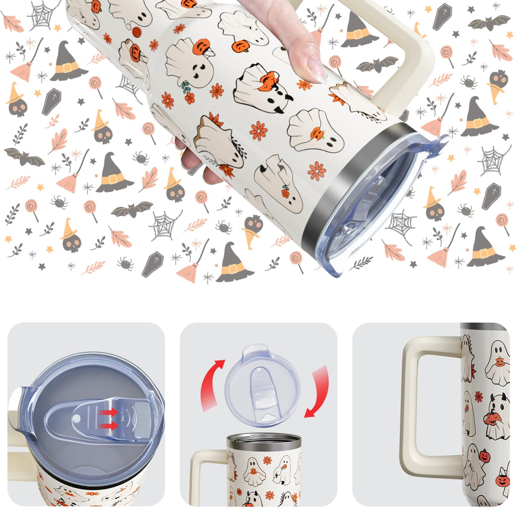 Sabobo Halloween Spooky Cup Gifts for Women Men, Cute Ghost 40oz Tumbler with Handle and Straw, Holiday Stainless Steel Insulated Water Bottle (1 PC)