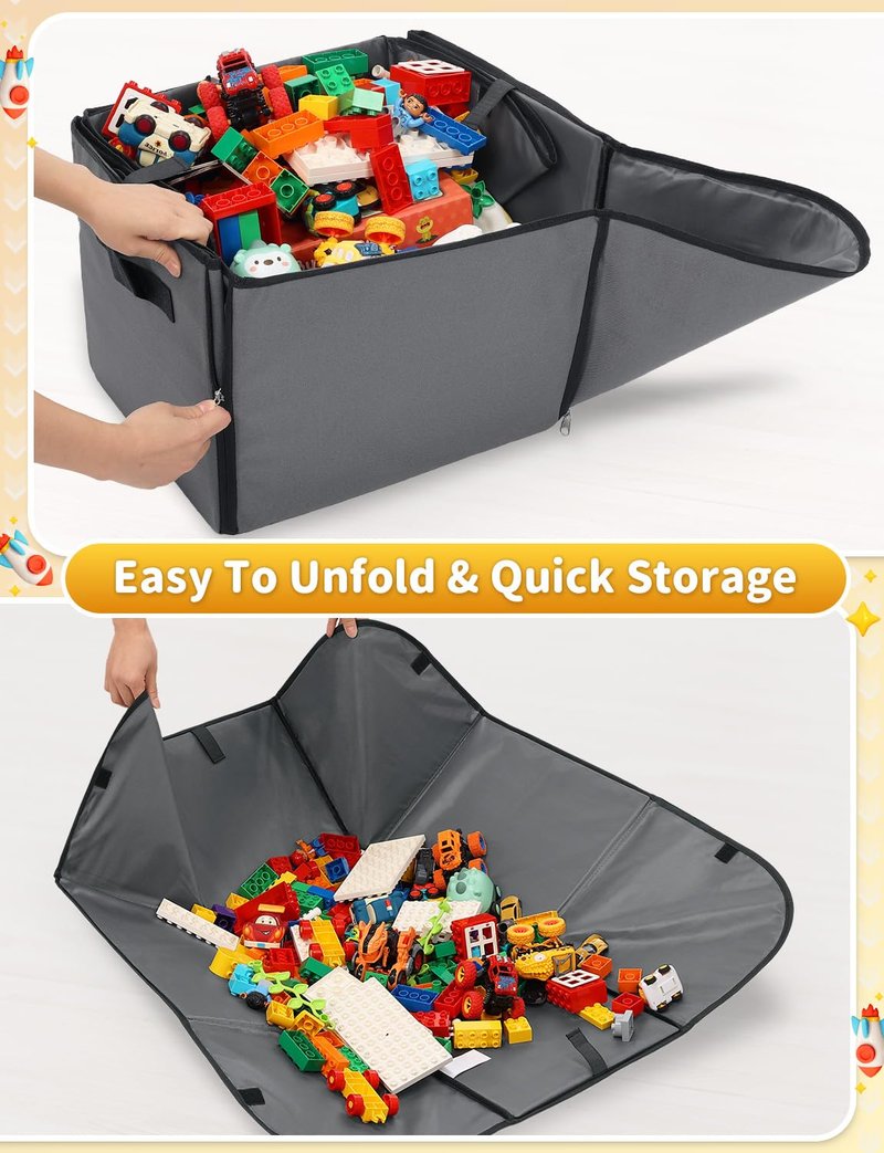 YOHOOLYO 2 In 1 Toy Storage Play Mat, Storage Box for Kids Children Space Adventures Design,Nursery, Playroom, Basket for Building Bricks Blocks Collapsible Cube Bin, 15"×13"×13"