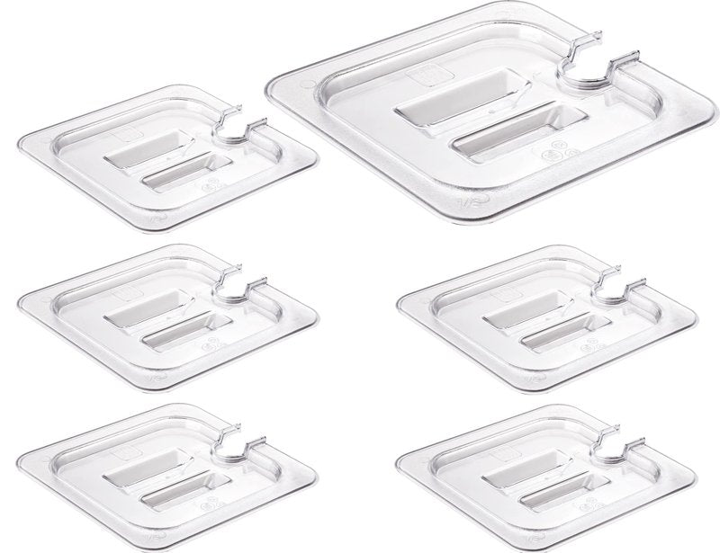 CURTA 6 Pack NSF Notched Food Pan Cover, 1/6 Size Clear Polycarbonate Lid with Handle for Commercial Food Pan, Dishwasher & Freezer Safe Plastic Clear