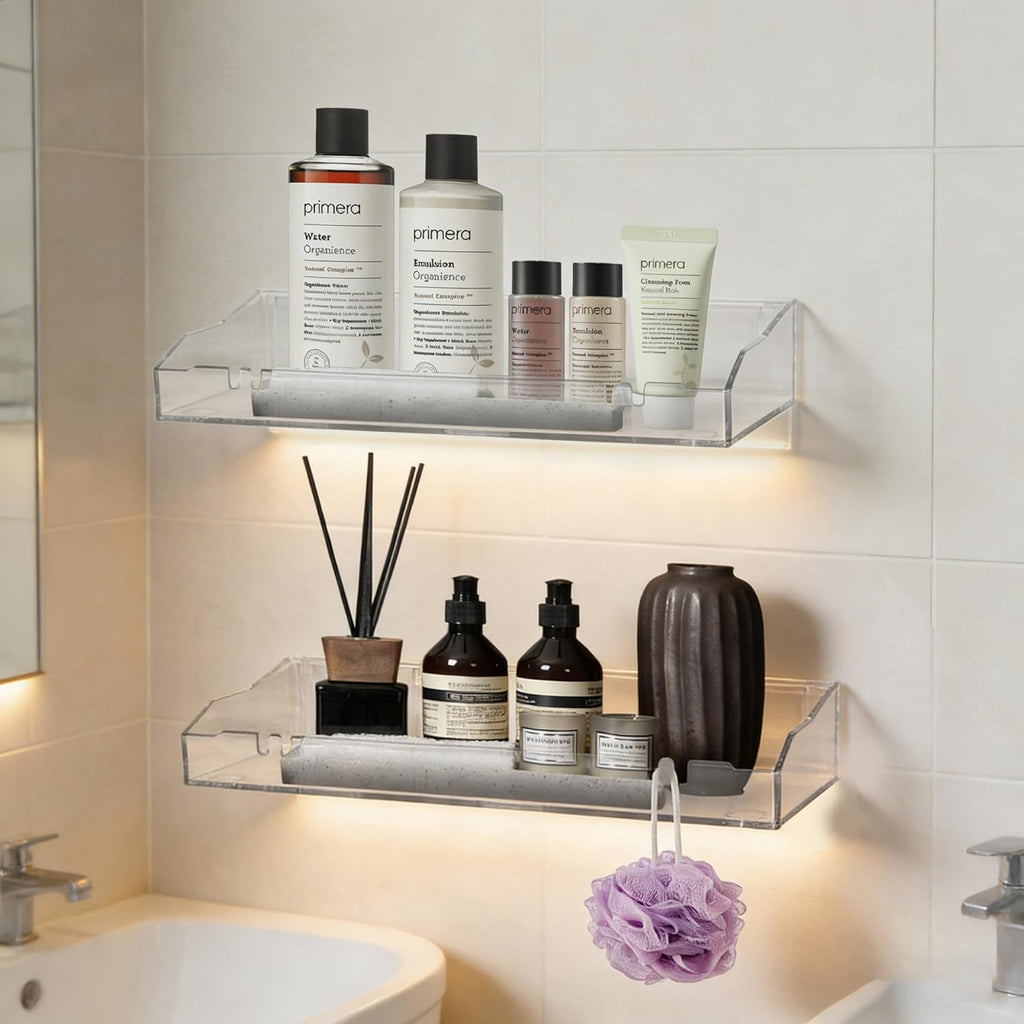 Skiennix Acrylic Floating Shelves - Clear Wall Storage Organizer for Bathroom, Bedroom & Kitchen | 2PCS