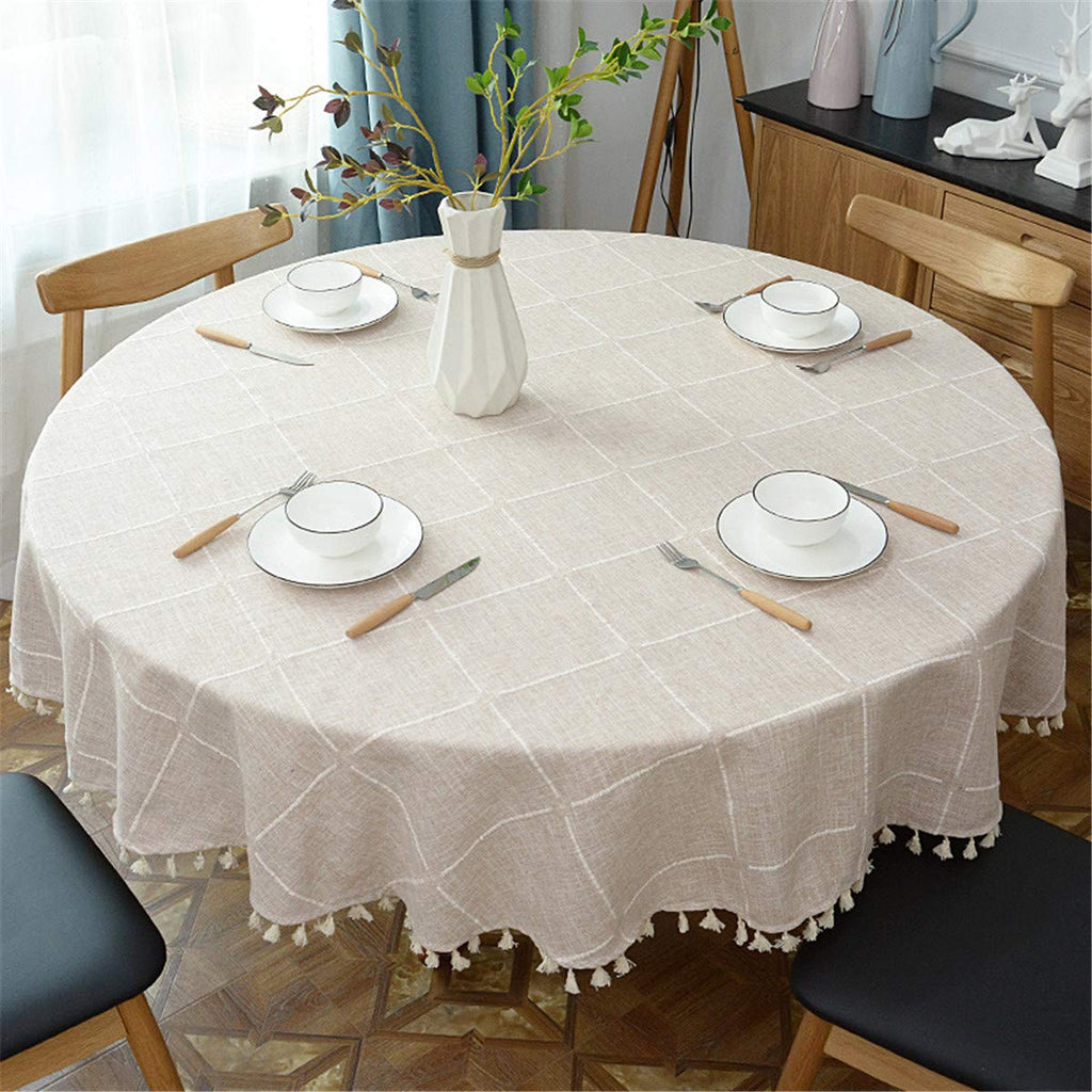Fhberni Round Tassel Plaid Tablecloth, Heavy Weight Cotton Linen Fabric Table Cover Kitchen Dining Tabletop Decoration, Beige Round 48" (Recommended for Table Sizes up to 32")