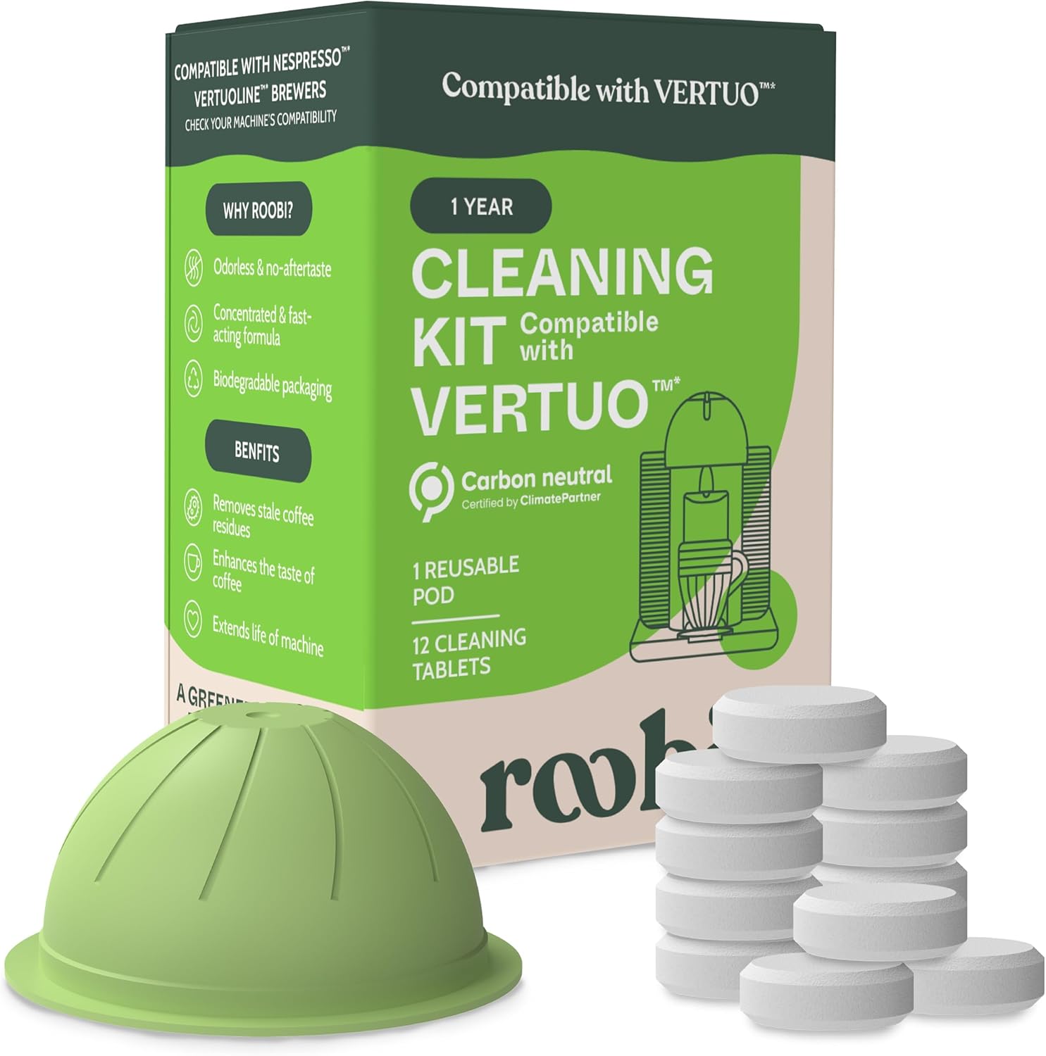 Roobi Nespresso Vertuoline Cleaning Kit - 1 Reusable Pod & 12 Eco-Friendly Tablets | 1-Year Supply