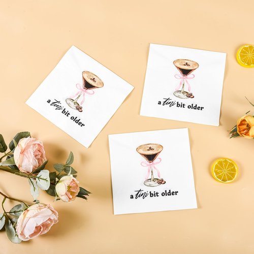 100Pcs Espresso Martini Party Napkins A Tini Bit Older Disposable Paper Napkins Martini Pink Bow Luncheon Cocktail Napkins for Martini Bachelorette Birthday Weenies and Tinies Party Supplies