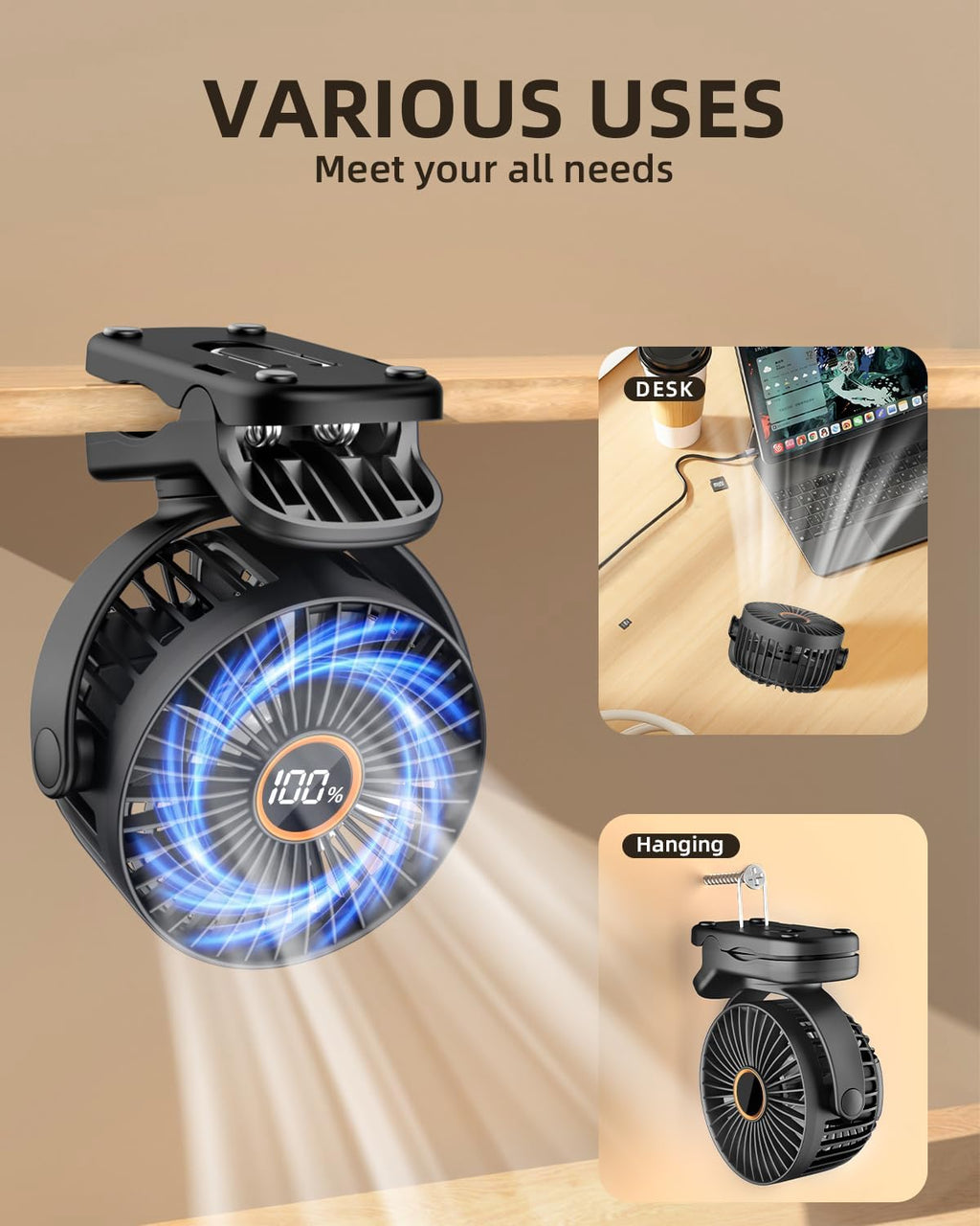TUNISE Mini Clip-On Fan - Battery Operated, 3 Speed Adjustable, 360° Rotation, Portable for Home & Office - Black