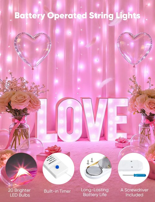Minetom 12 Pack Pink Christmas Lights - 7ft Battery Operated Fairy Lights | 20 LED Waterproof Twinkle Lights for Valentine's Day Decor